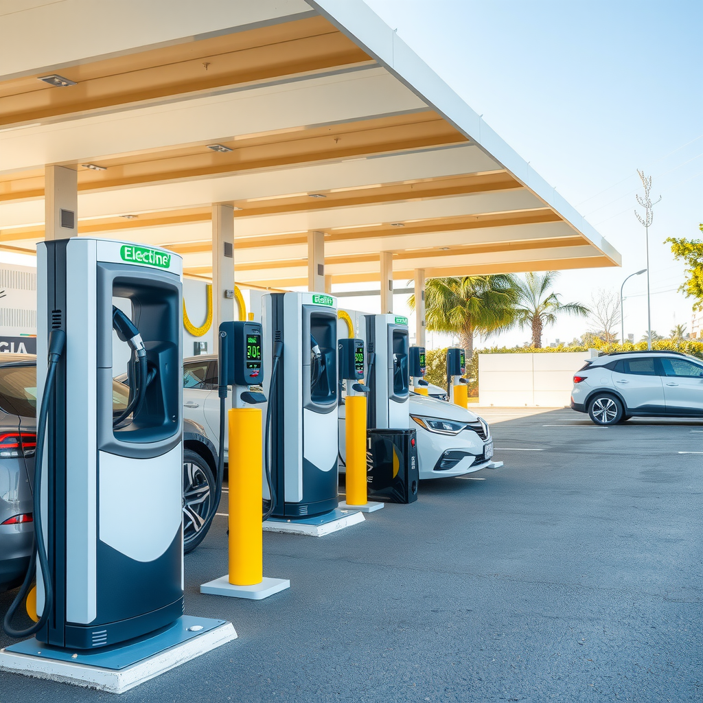 Red de estaciones de carga para vehículos eléctricos distribuidas por toda Argentina, mostrando infraestructura moderna de carga rápida y tecnología sostenible