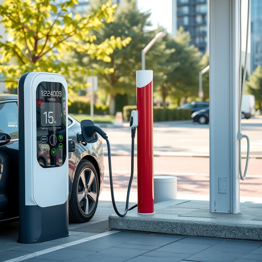Estación de carga para vehículos eléctricos moderna en Argentina, mostrando un auto eléctrico conectado a un cargador rápido con pantalla digital, en un entorno urbano limpio y sostenible