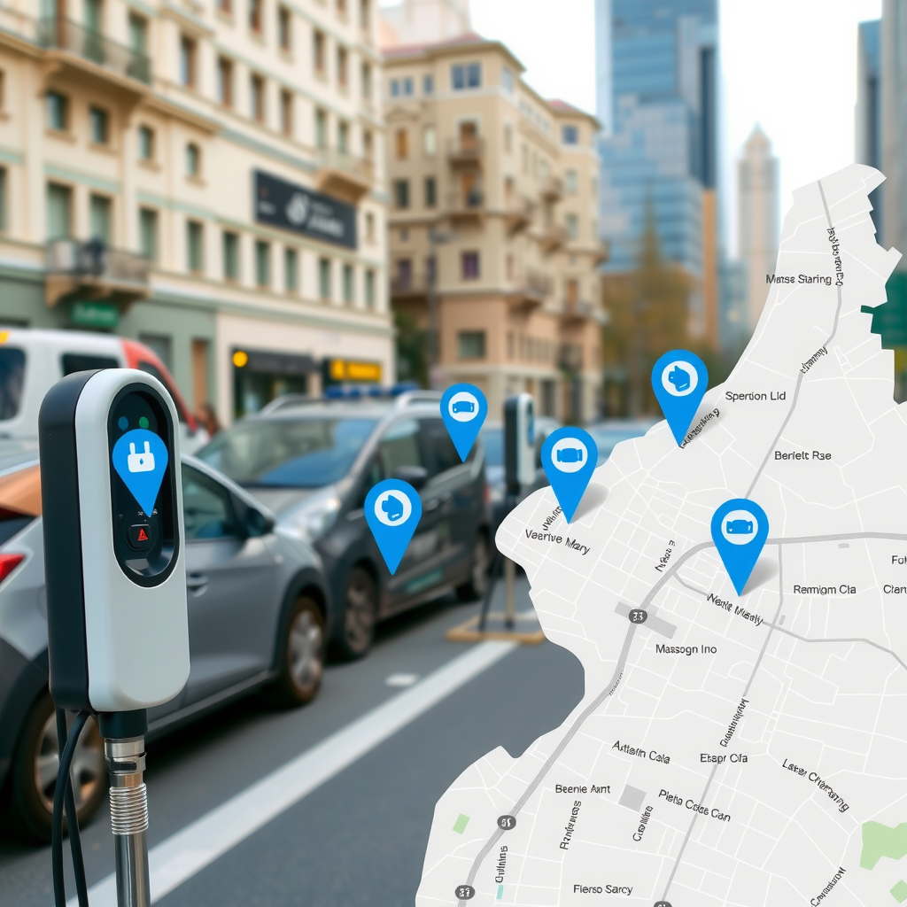 Mapa interactivo mostrando las 5 principales redes de estaciones de carga para vehículos eléctricos en Buenos Aires, con iconos de enchufes y marcadores de ubicación en azul eléctrico sobre fondo urbano