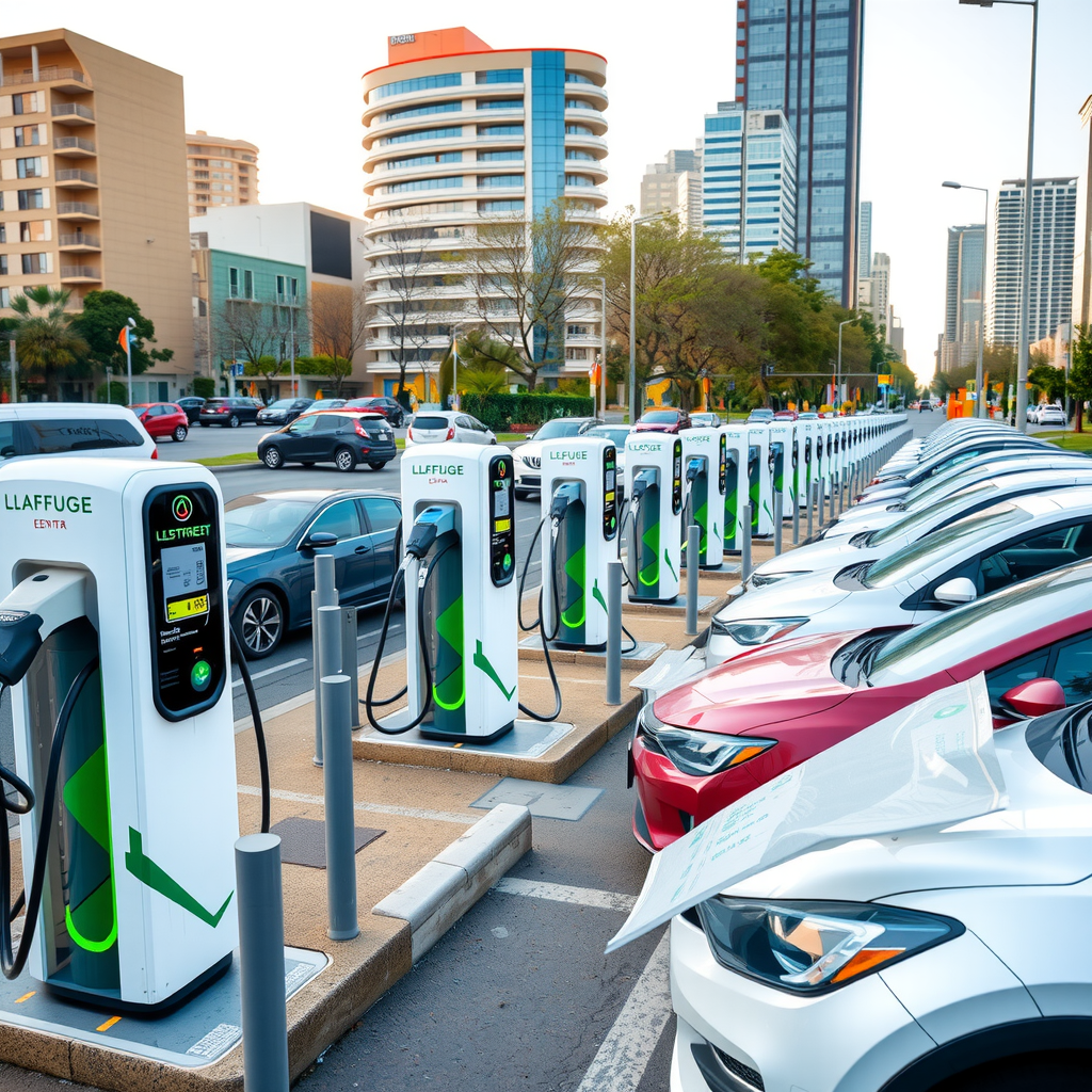 Vista panorámica de múltiples estaciones de carga para vehículos eléctricos en Buenos Aires, mostrando infraestructura moderna con cargadores rápidos y vehículos eléctricos conectados en un entorno urbano argentino