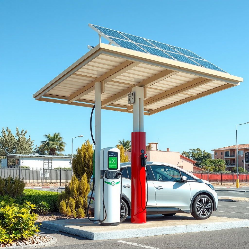 Estación de carga para vehículos eléctricos con paneles solares instalados en el techo, ubicada en una zona urbana de Argentina con cielo azul despejado y vegetación circundante, mostrando la integración de energía renovable con infraestructura de movilidad eléctrica