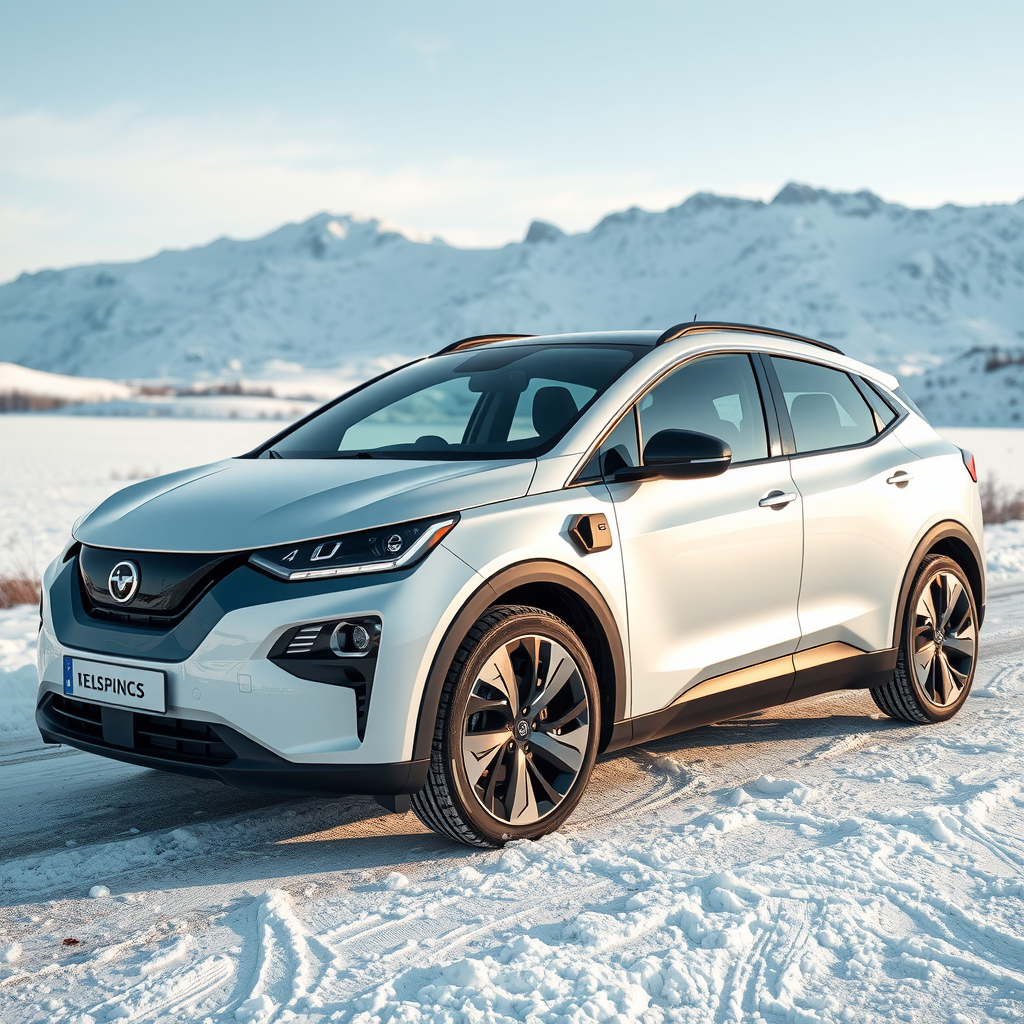 Vehículo eléctrico moderno estacionado en paisaje invernal argentino con montañas nevadas al fondo, mostrando tecnología de carga en clima frío