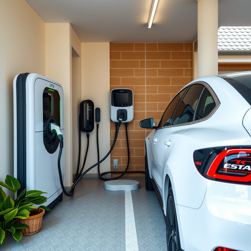 Estación de carga para vehículo eléctrico instalada en garaje residencial argentino, mostrando cable de carga conectado a automóvil eléctrico moderno, con panel eléctrico visible y diseño limpio y profesional