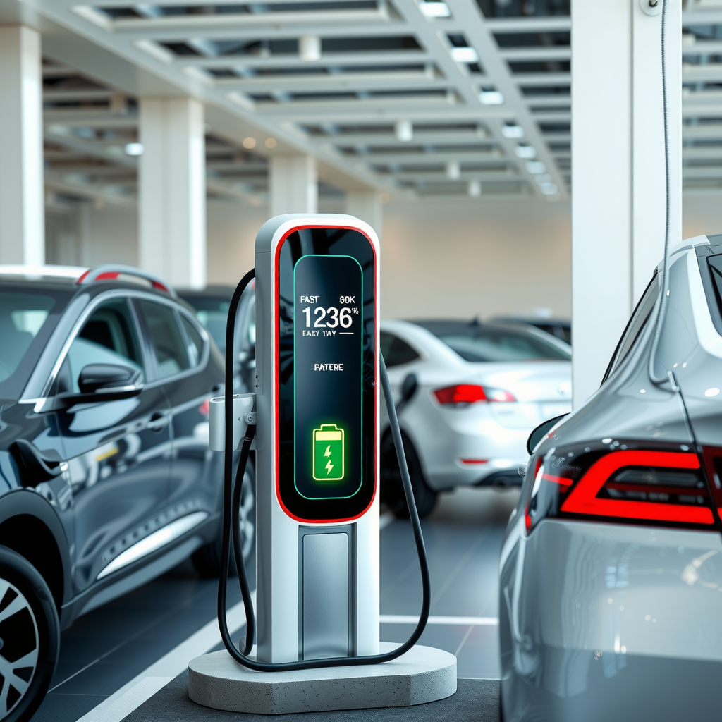 Estación de carga rápida para vehículos eléctricos con pantalla digital mostrando nivel de batería y tiempo de carga en ambiente moderno y tecnológico