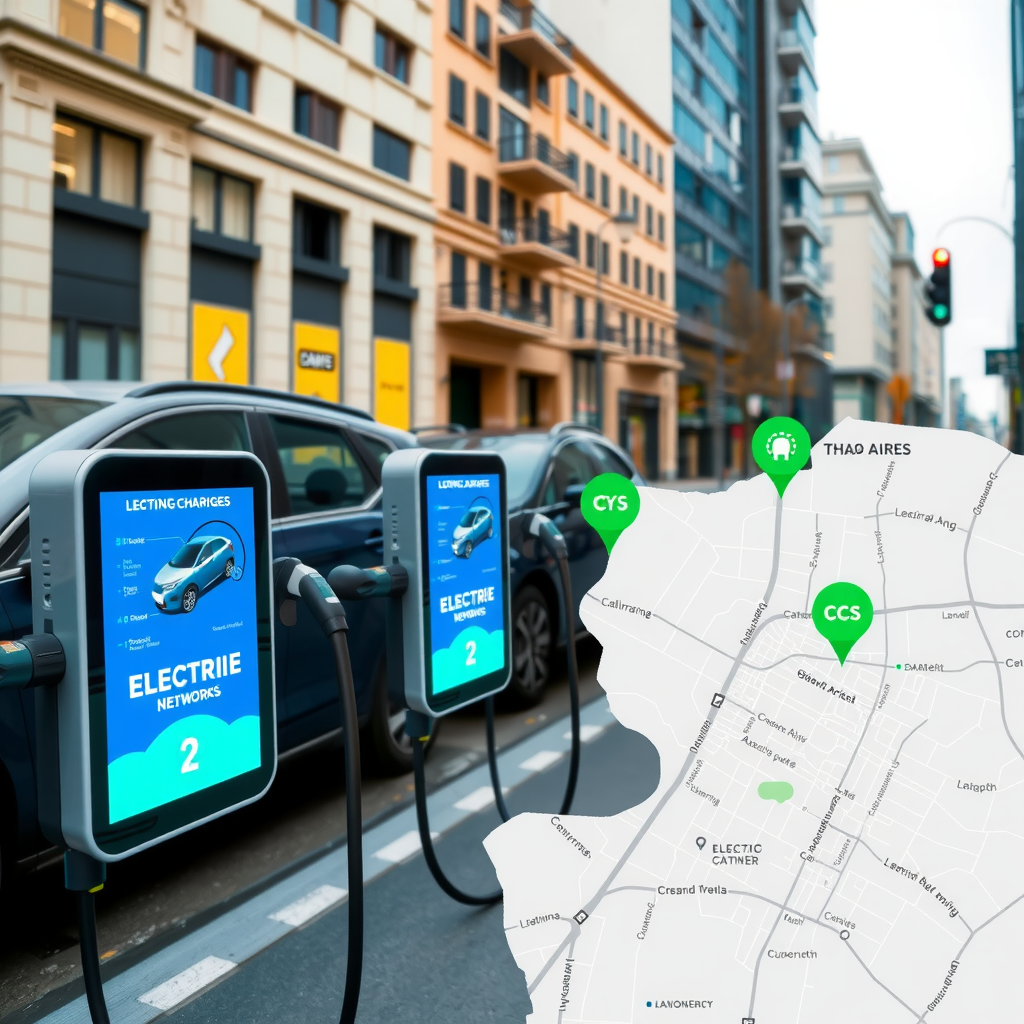 Mapa interactivo mostrando las 5 principales redes de carga para vehículos eléctricos en Buenos Aires, con estaciones marcadas en azul eléctrico y verde vibrante, pantallas digitales modernas, conectores de carga tipo 2 y CCS, ambiente urbano contemporáneo con edificios al fondo