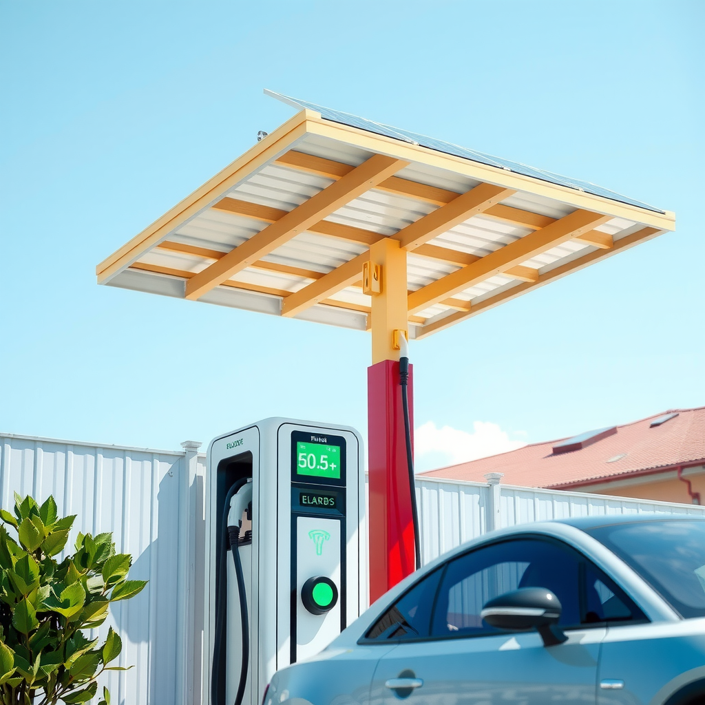 Estación de carga para vehículos eléctricos con paneles solares integrados en el techo, bajo cielo azul brillante, mostrando tecnología sustentable y energía renovable en Argentina