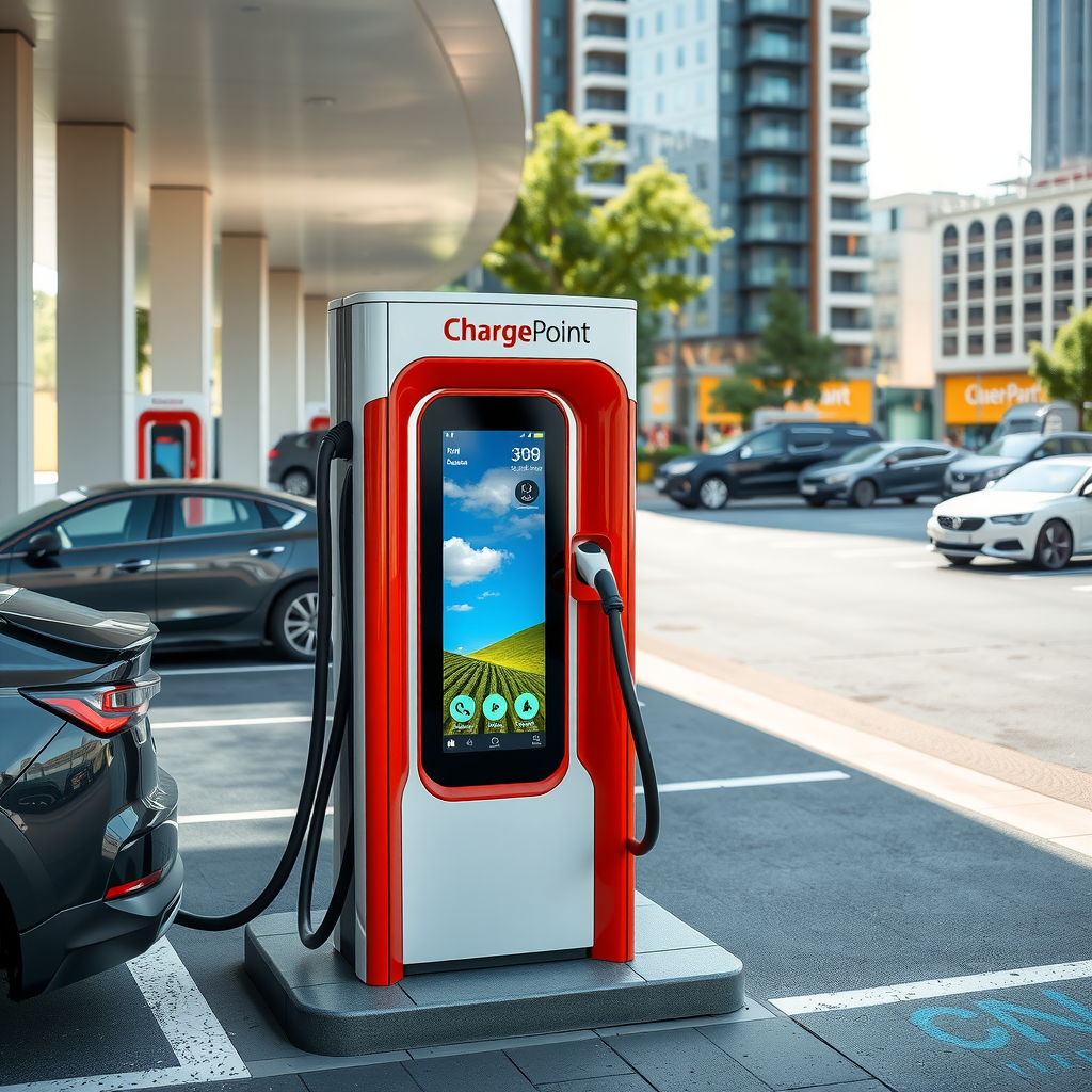 Estación de carga ChargePoint moderna con pantalla digital interactiva, ubicada en un estacionamiento urbano de Buenos Aires con señalización clara y diseño contemporáneo