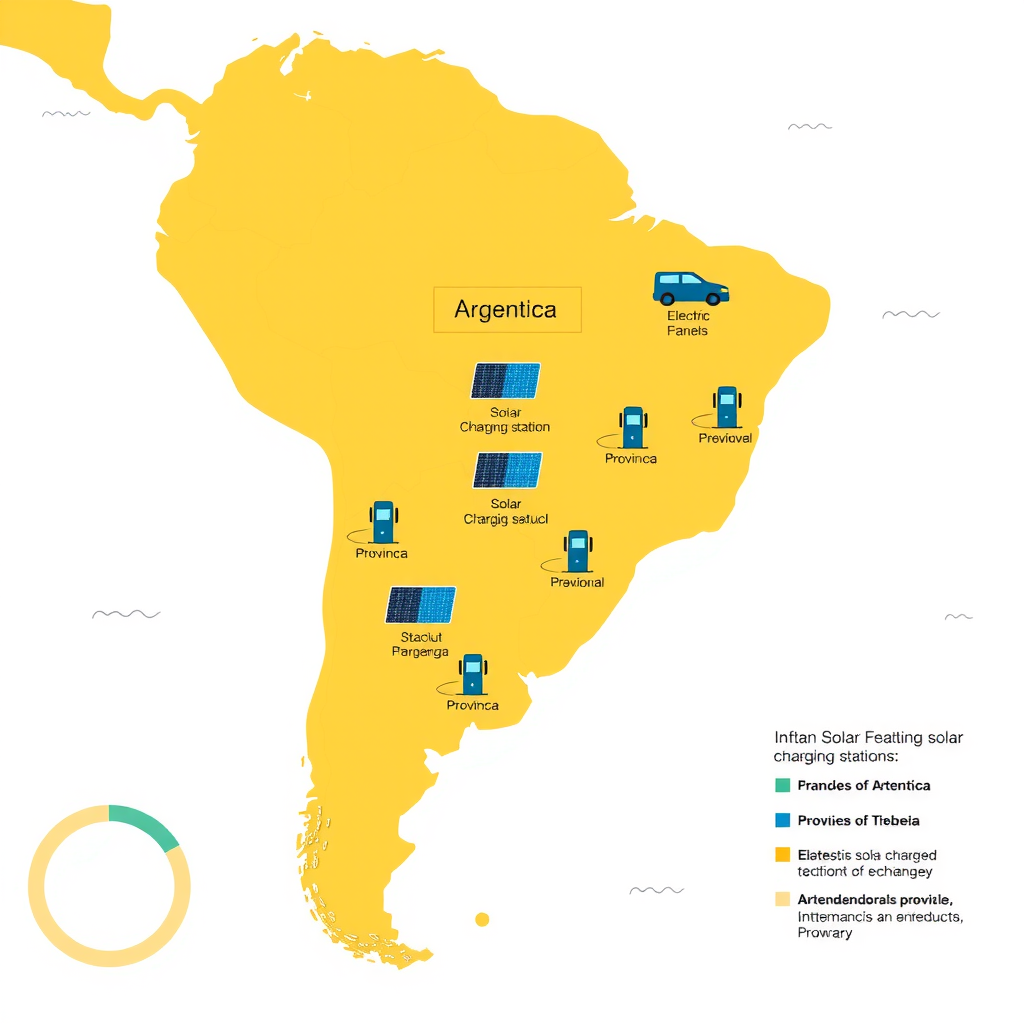 Mapa ilustrativo de Argentina mostrando la distribución de estaciones de carga solar en diferentes provincias, con iconos de paneles solares y vehículos eléctricos, destacando la expansión de la infraestructura renovable en áreas urbanas y rurales