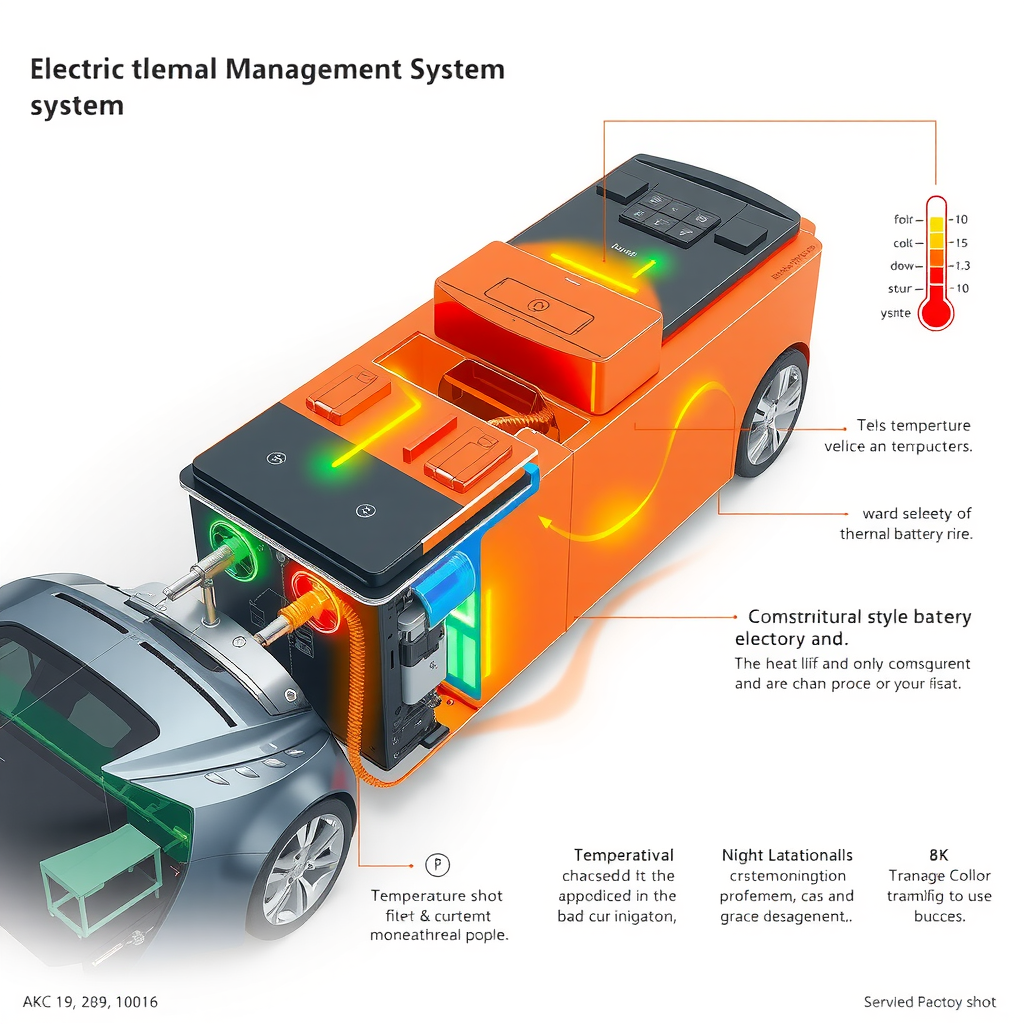 Diagrama técnico mostrando el sistema de gestión térmica de batería de vehículo eléctrico con indicadores de temperatura y flujo de calor