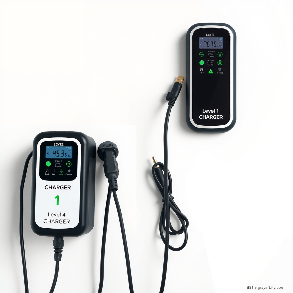 Comparación visual de diferentes tipos de cargadores para vehículos eléctricos mostrando cargador Nivel 1 portátil y cargador Nivel 2 montado en pared, con especificaciones técnicas y cables de carga
