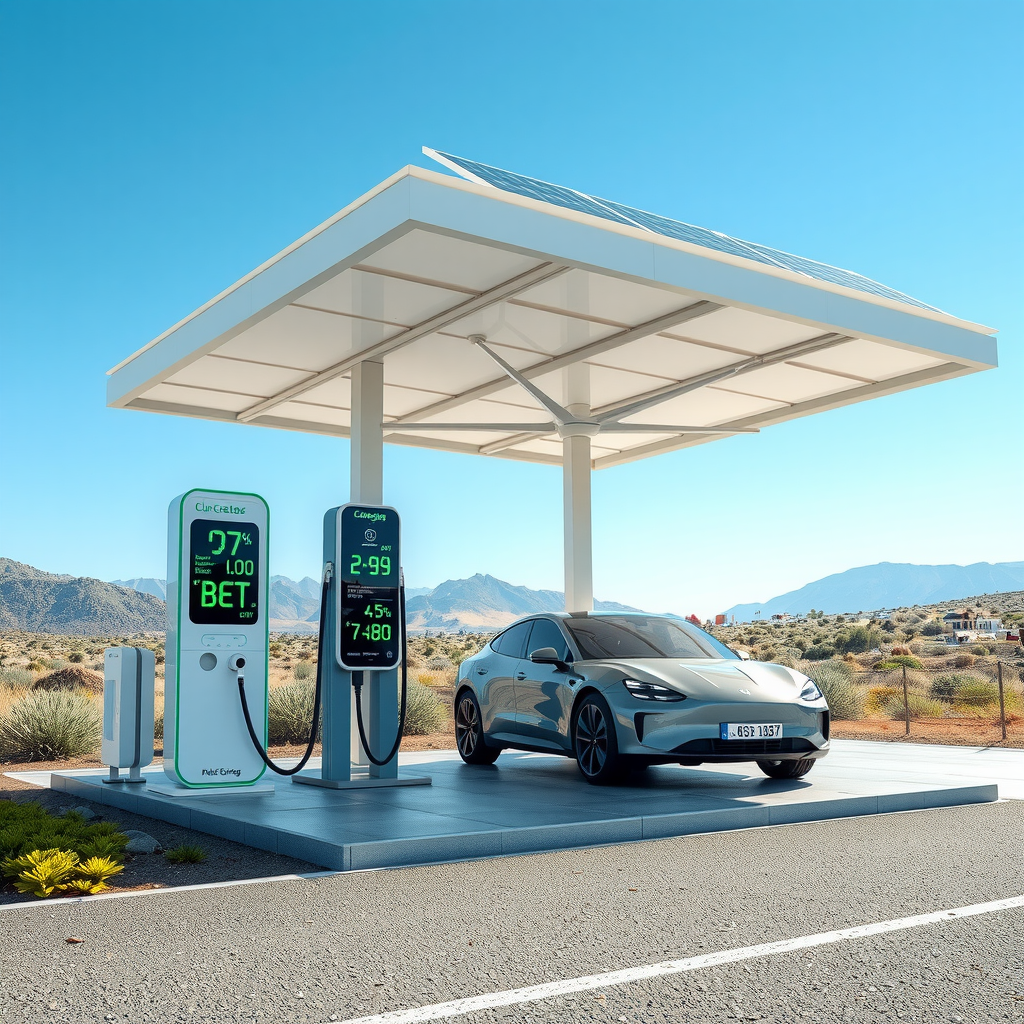 Estación de carga solar moderna con paneles fotovoltaicos en el techo, vehículo eléctrico conectado, paisaje argentino con cielo azul brillante, tecnología sustentable, diseño futurista con elementos en azul eléctrico y verde vibrante, ambiente limpio y ecológico