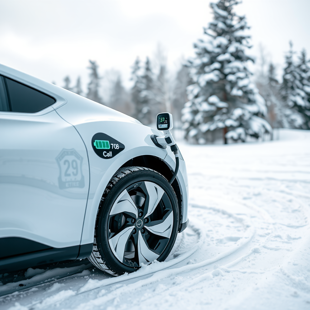 Vehículo eléctrico moderno estacionado en paisaje invernal con nieve, mostrando indicador de batería y temperatura fría, ilustrando consejos de conducción en clima frío