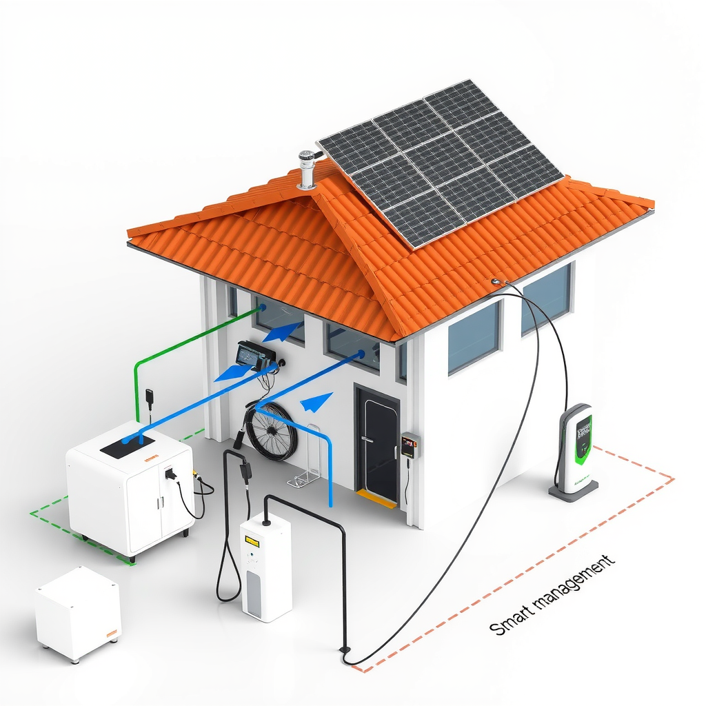 Diagrama técnico mostrando los componentes de una estación de carga solar: paneles fotovoltaicos en el techo, sistema de almacenamiento de baterías, inversores, puntos de carga para vehículos eléctricos y sistema de gestión inteligente, con flechas indicando el flujo de energía