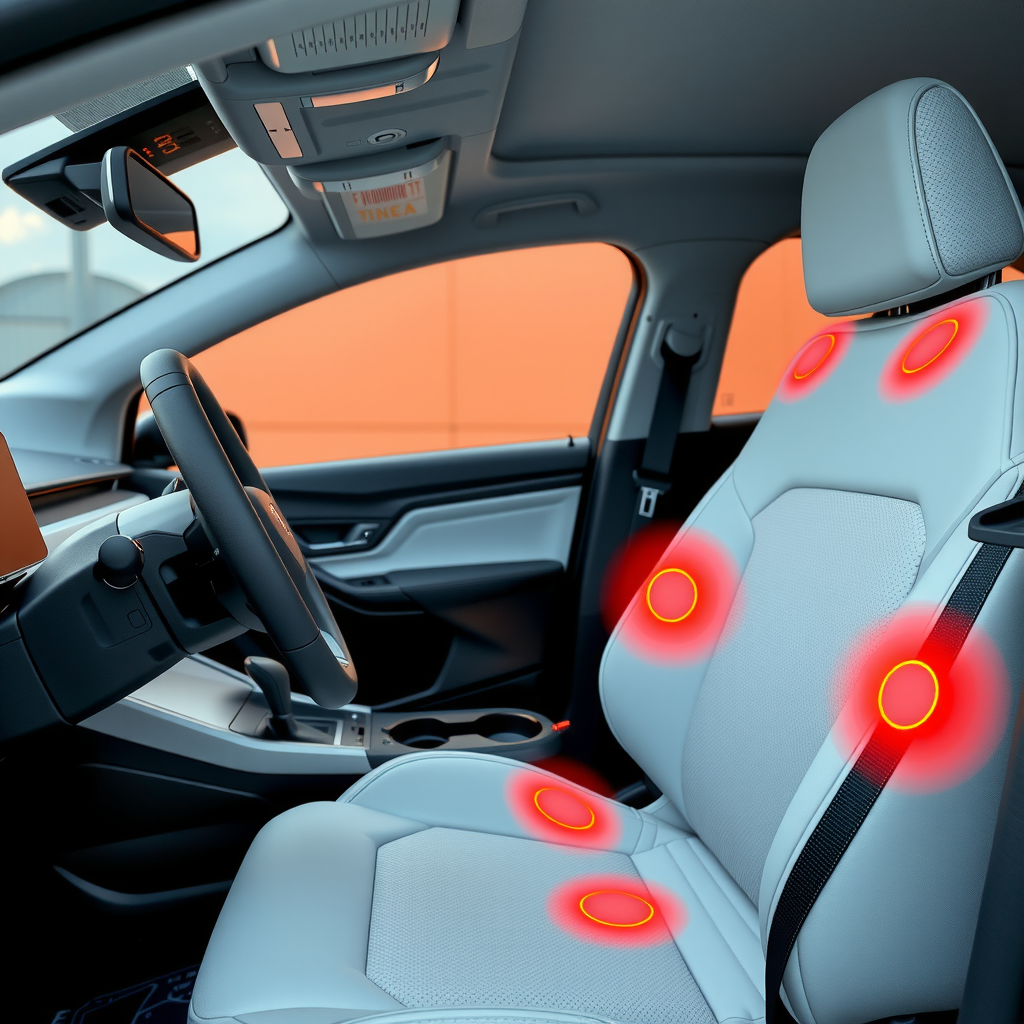 Interior de vehículo eléctrico mostrando sistema de calefacción de asientos y volante con controles de temperatura inteligentes