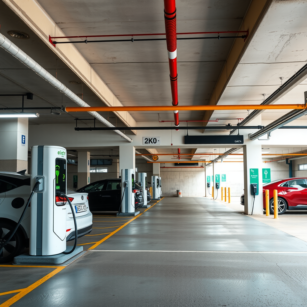 Estacionamiento subterráneo de edificio de apartamentos en Argentina con múltiples estaciones de carga para vehículos eléctricos instaladas, mostrando infraestructura moderna y señalización clara