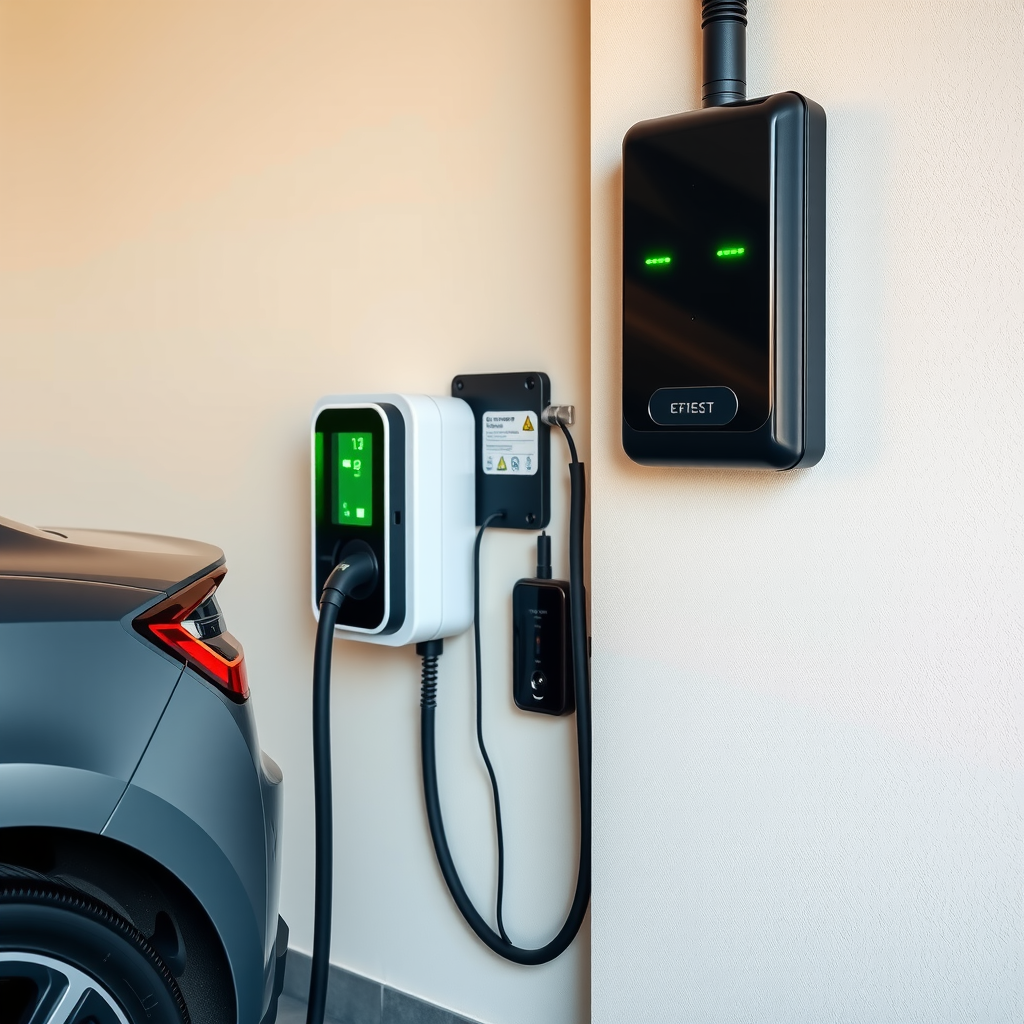 Vehículo eléctrico cargando en garage residencial con wallbox instalado en pared mostrando cable conectado y luces indicadoras verdes
