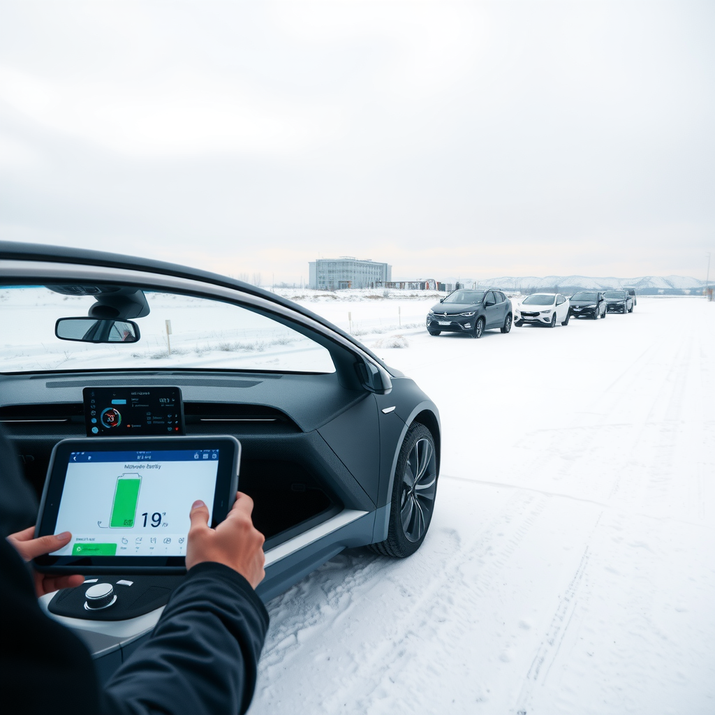 Vehículo eléctrico moderno en paisaje invernal argentino con nieve ligera, indicador de batería en pantalla digital, conductor planificando ruta en tablet, ambiente frío con cielo gris, elementos tecnológicos en azul eléctrico, concepto de eficiencia energética en clima frío