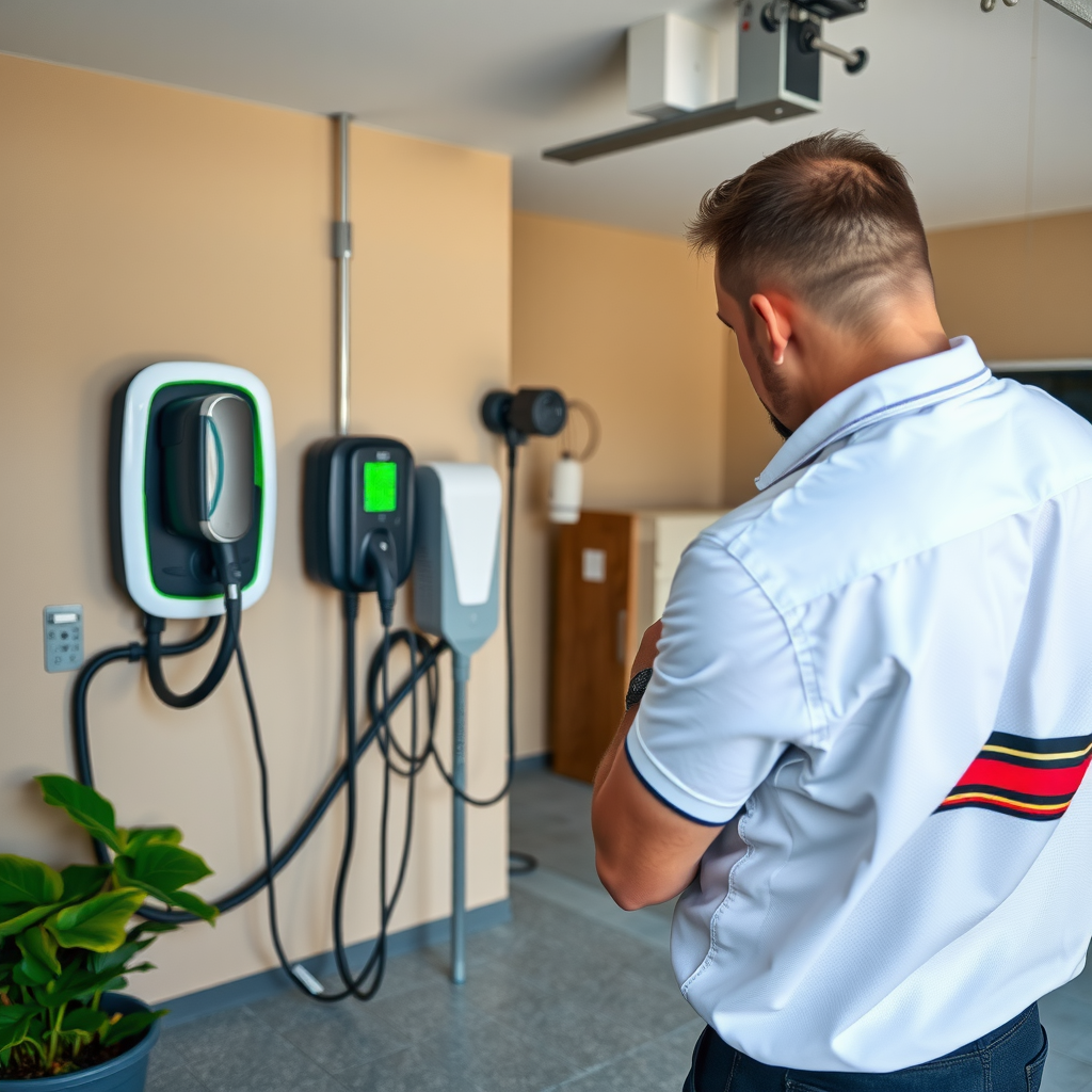 Instalación de estación de carga doméstica en garaje residencial, mostrando cargador de pared montado, cables y vehículo eléctrico conectado, con técnico realizando instalación profesional