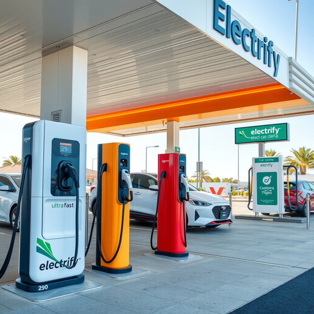 Estación de carga ultrarrápida Electrify Argentina con múltiples conectores, ubicada en una estación de servicio moderna con techo solar y señalización digital avanzada