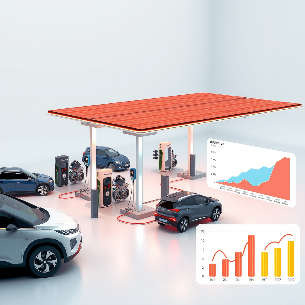 Visualización futurista de una red expandida de estaciones de carga solar en Argentina, mostrando estaciones interconectadas con tecnología avanzada, vehículos eléctricos de diferentes tipos, y gráficos de crecimiento de energía renovable, representando el potencial de expansión del sistema