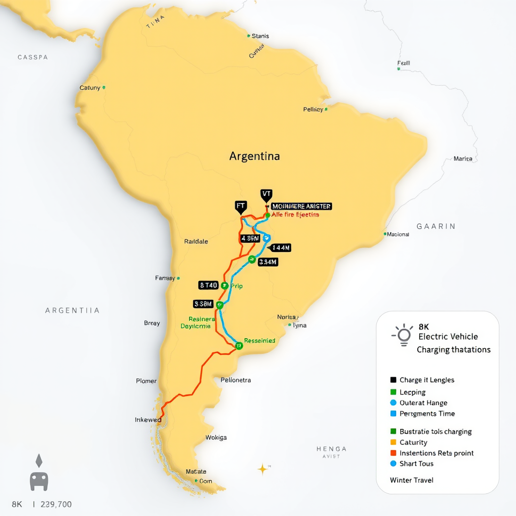 Mapa de Argentina mostrando red de estaciones de carga de vehículos eléctricos con rutas optimizadas para viajes de invierno