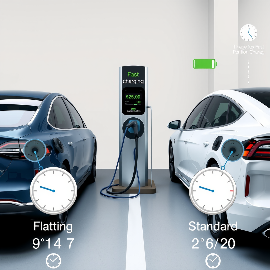 Comparación visual de estación de carga rápida versus carga estándar, mostrando dos vehículos eléctricos con indicadores de velocidad de carga y tiempo, iconos de reloj y batería