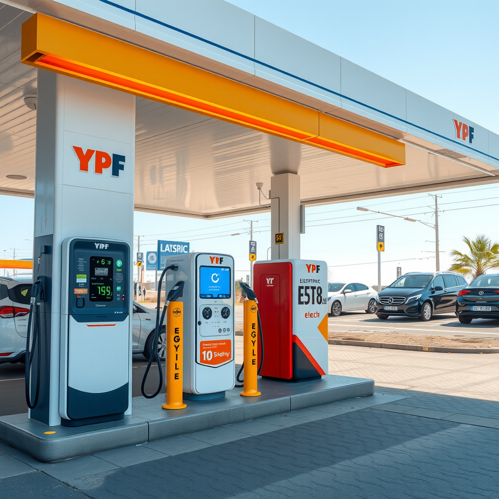 Estación de servicio YPF con sección dedicada a carga eléctrica, mostrando integración entre combustibles tradicionales y electrolineras con branding corporativo argentino