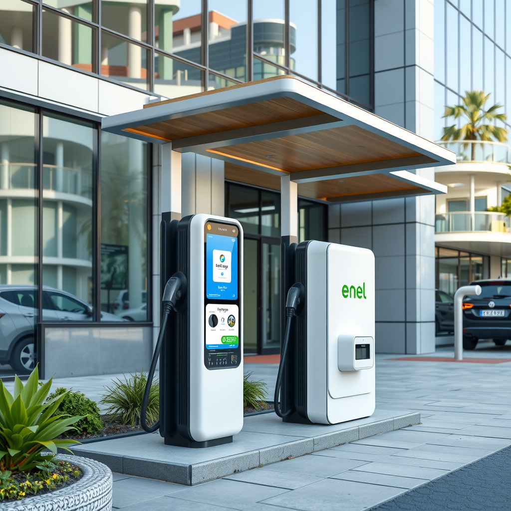 Estación de carga Enel X Way con diseño europeo moderno, paneles solares integrados y sistema de gestión inteligente en un edificio corporativo de Buenos Aires